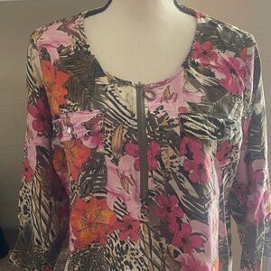 Cathy Tropical Floral Animal Print Size Large Linen Blend Tunic Top